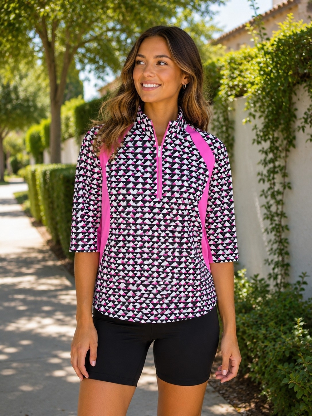 Tail Women's Pink & Black Geometric Half-Zip Performance Top